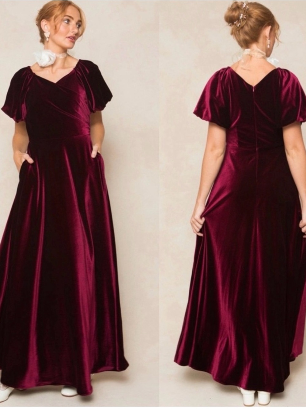Ivy City Co Tessie Wine Velvet Puff-Sleeve Maxi Dress size 0 NWT
